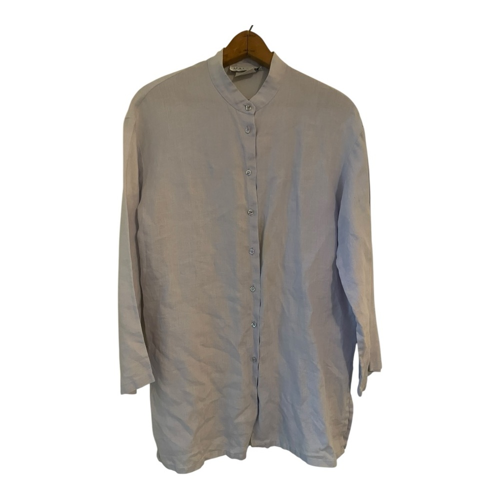 Jaeger Collarless Sky Blue Flax-linen Classic Blouse Size M